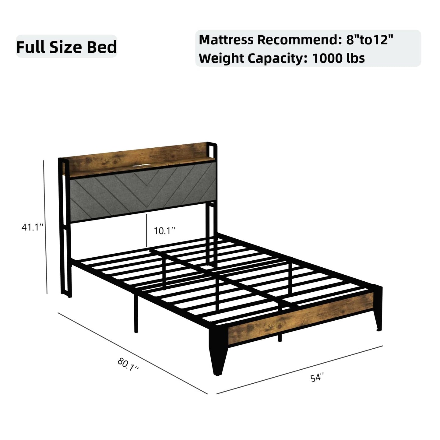 Wancla Full Bed Frame with Uphosltered Headboard, Metal Bed Frame with Charging Station and LED Light,10.7" Underbed Storage Space