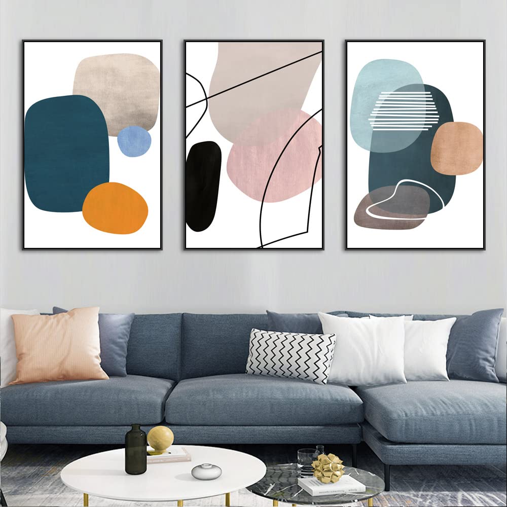 MPLONG Wall Art 3 Pieces Of Framed Decorative Paintings Abstract Simple Orange White Blue And Other Color Blocks Wall Art Canvas Prints Wall Decor Gifts Size 16" x 24" x 3 Panels