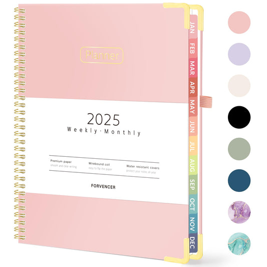 Forvencer 2025 Planner, Hardcover Weekly and Monthly Planner, January 2025 - December 2025, 8.5" x 11", Spiral Calendar Planner with Tabs, Exquisite Daily Organizer Notebook with Inner Pocket, Agenda Journal for Office Home School, A4 Size, Pink