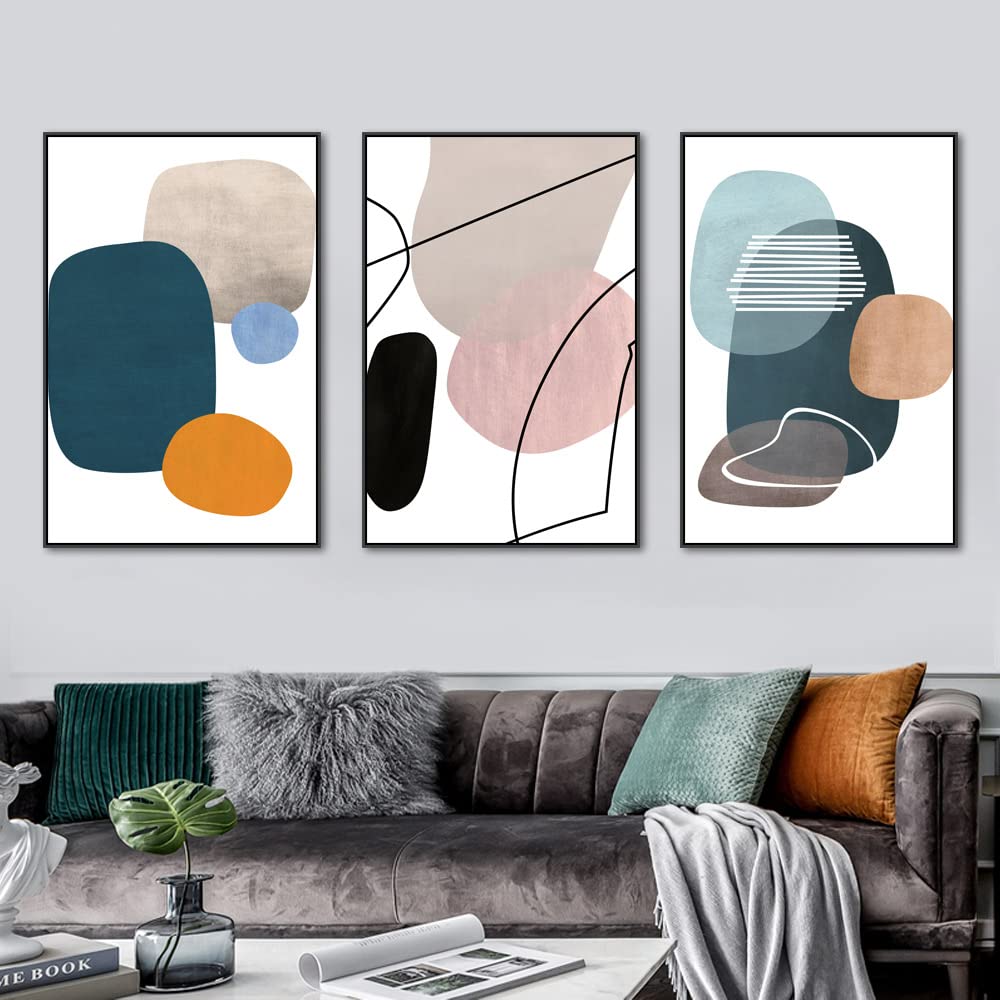 MPLONG Wall Art 3 Pieces Of Framed Decorative Paintings Abstract Simple Orange White Blue And Other Color Blocks Wall Art Canvas Prints Wall Decor Gifts Size 16" x 24" x 3 Panels