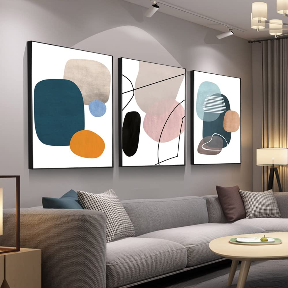 MPLONG Wall Art 3 Pieces Of Framed Decorative Paintings Abstract Simple Orange White Blue And Other Color Blocks Wall Art Canvas Prints Wall Decor Gifts Size 16" x 24" x 3 Panels