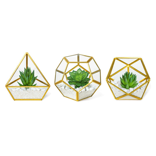 Mkono Artificial Succulent in 3 Pack Mini Glass Geometric Terrarium, Miniature Potted Faux Plant Bookshelf Desk Boho Office Room Decor for Women Girls Dorm Gift Idea, Gold