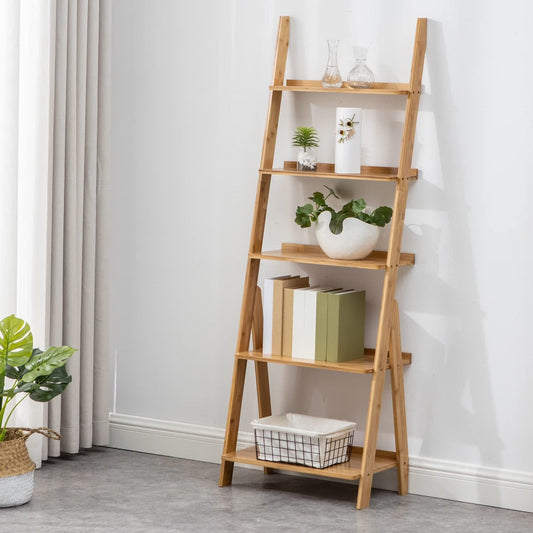 Maydear Bamboo Ladder Shelf Bookcase, 5-Tier Leaning Bookshelf Free Standing Organizer Storage Shelves for Living Room, Bedroom, Kitchen, Home Office, Balcony, Natural Wood