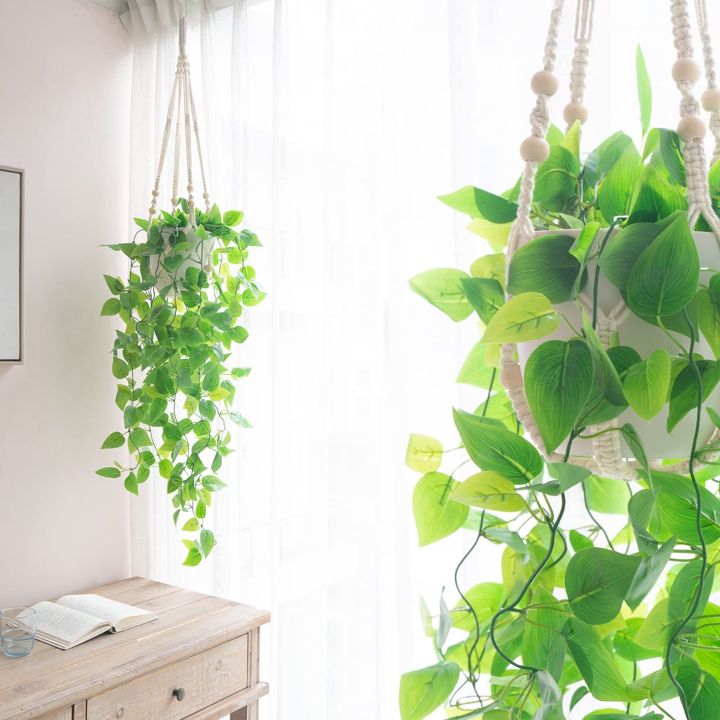 Mkono 2 Packs Fake Hanging Plant with Pot, Artificial Plants Macrame Plant Hanger Fake Vine Greenery for Bedroom Bathroom Home Office Decor