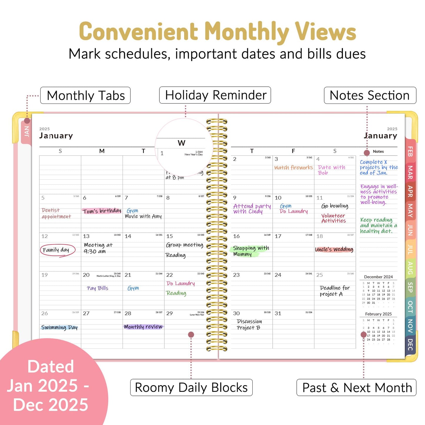 Forvencer 2025 Planner, Hardcover Weekly and Monthly Planner, January 2025 - December 2025, 8.5" x 11", Spiral Calendar Planner with Tabs, Exquisite Daily Organizer Notebook with Inner Pocket, Agenda Journal for Office Home School, A4 Size, Pink