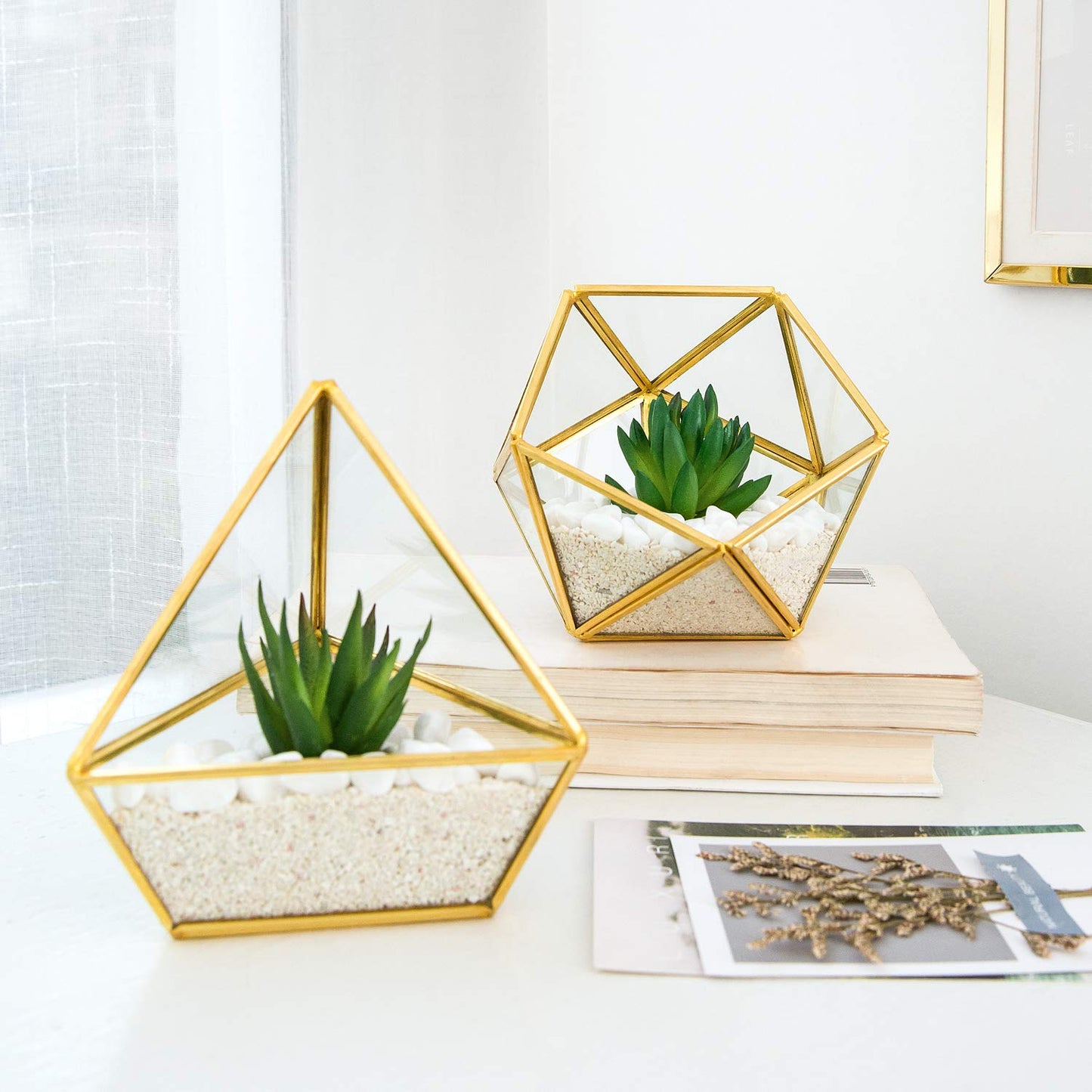 Mkono Artificial Succulent in 3 Pack Mini Glass Geometric Terrarium, Miniature Potted Faux Plant Bookshelf Desk Boho Office Room Decor for Women Girls Dorm Gift Idea, Gold