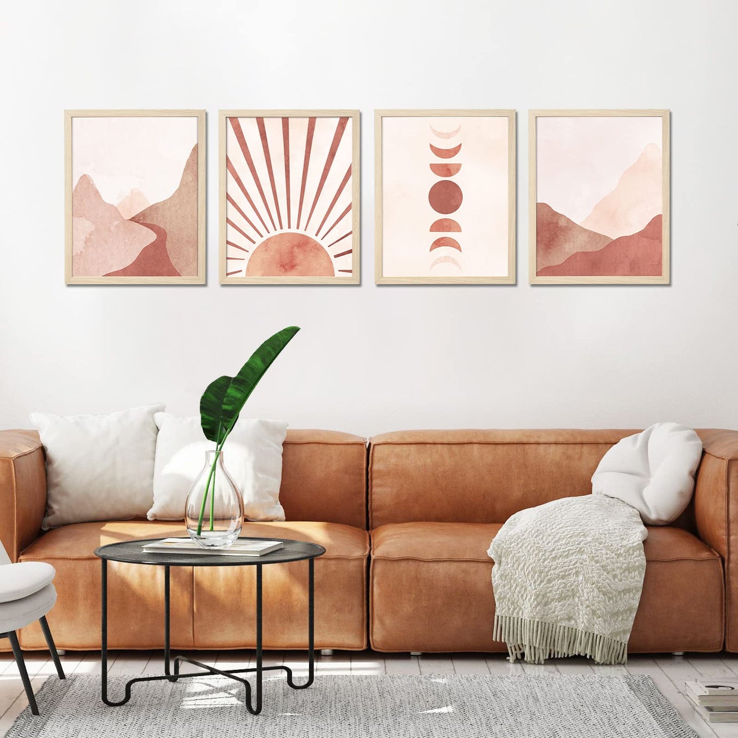 ArtbyHannah 4-Pack 11x14 Framed Boho Wall Art In Decorative Warm Tone with Mid Century Prints of Sun Moon Mountain and MDF Wood Frames