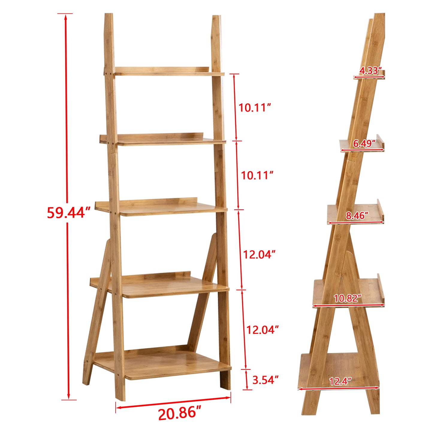 Maydear Bamboo Ladder Shelf Bookcase, 5-Tier Leaning Bookshelf Free Standing Organizer Storage Shelves for Living Room, Bedroom, Kitchen, Home Office, Balcony, Natural Wood