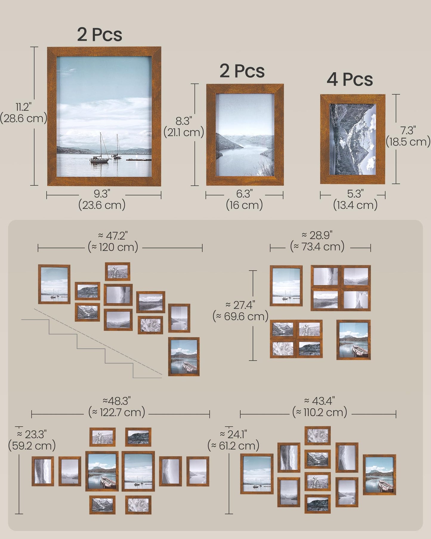 SONGMICS Picture Frames, Collage Picture Frames Set of 10, Two 8x10, Four 5x7, Four 4x6, Photo Frame for Wall Gallery Decor, Table Display, Glass, Rustic Brown