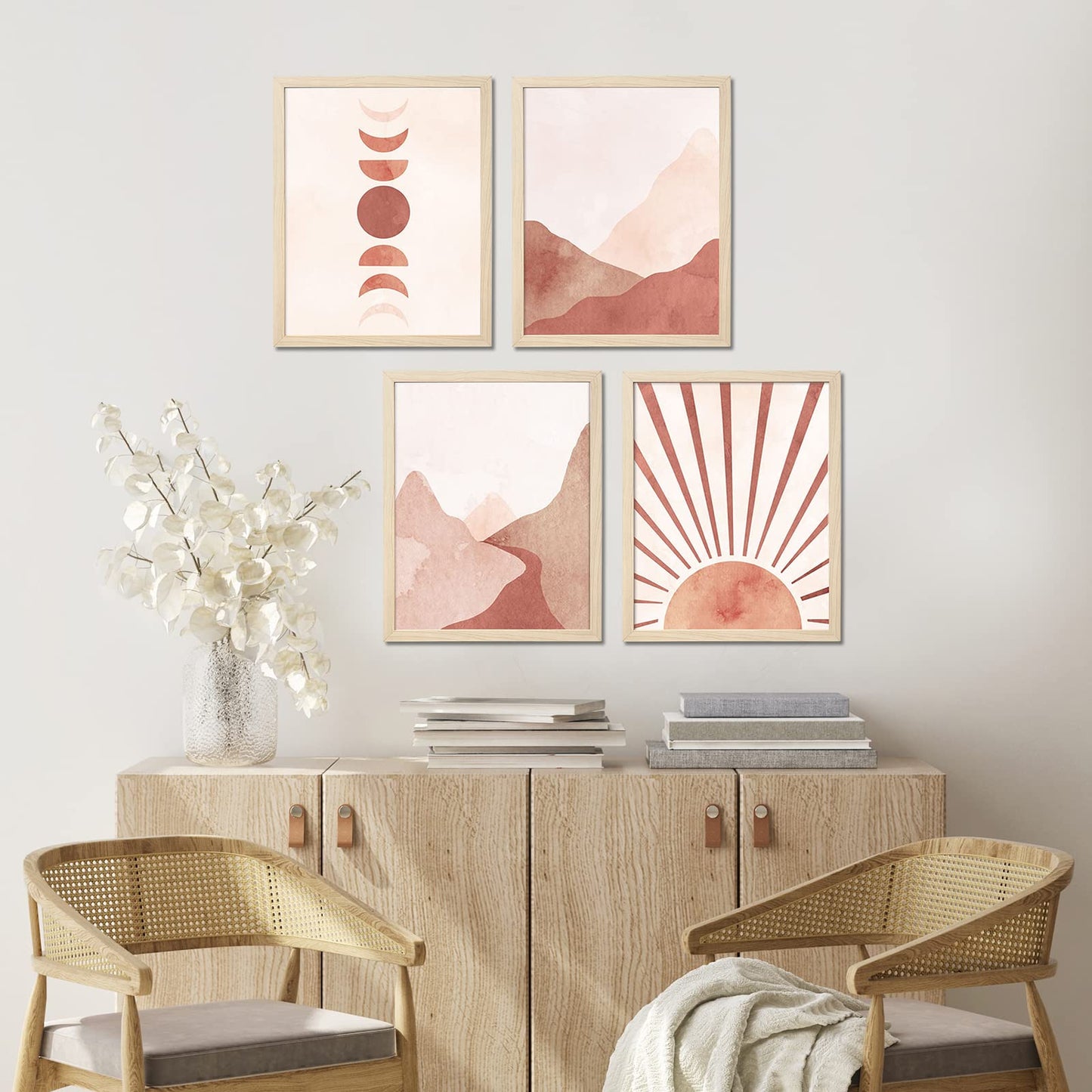 ArtbyHannah 4-Pack 11x14 Framed Boho Wall Art In Decorative Warm Tone with Mid Century Prints of Sun Moon Mountain and MDF Wood Frames