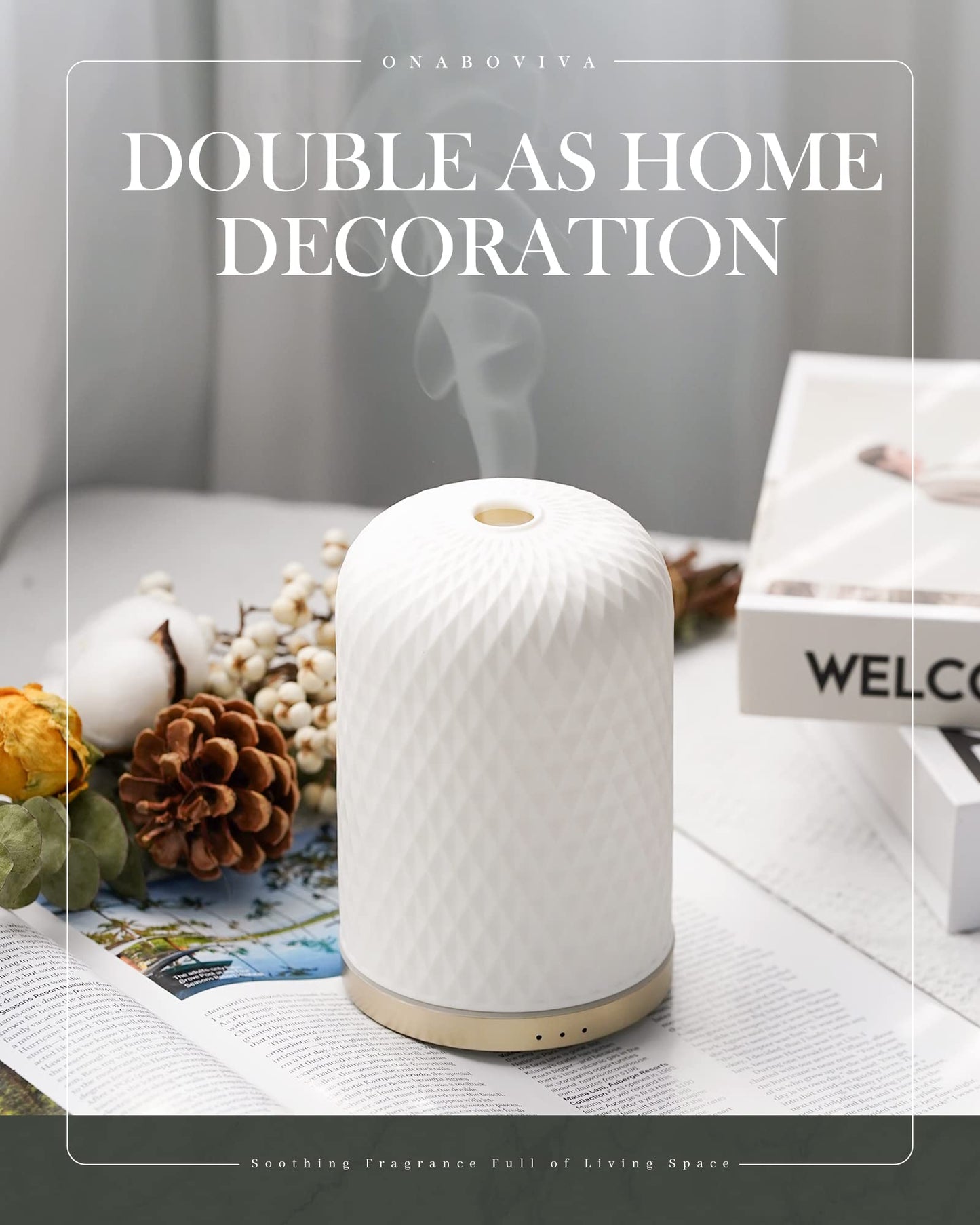 Essential Oil Diffuser,110ML Diffusers for Essential Oils Large Room, Ceramic Diffusers USB Powered Decorative Ultrasonic Defuzzer, Ideal for Aesthetic Home,Dorm Décor, Yoga,White