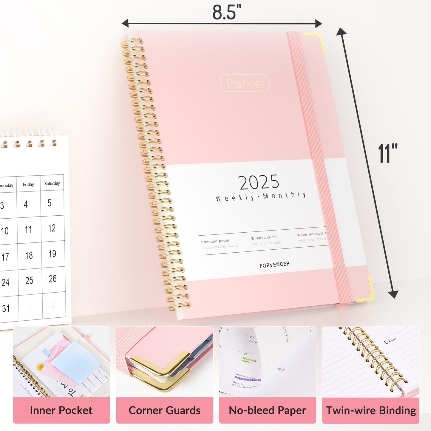 Forvencer 2025 Planner, Hardcover Weekly and Monthly Planner, January 2025 - December 2025, 8.5" x 11", Spiral Calendar Planner with Tabs, Exquisite Daily Organizer Notebook with Inner Pocket, Agenda Journal for Office Home School, A4 Size, Pink