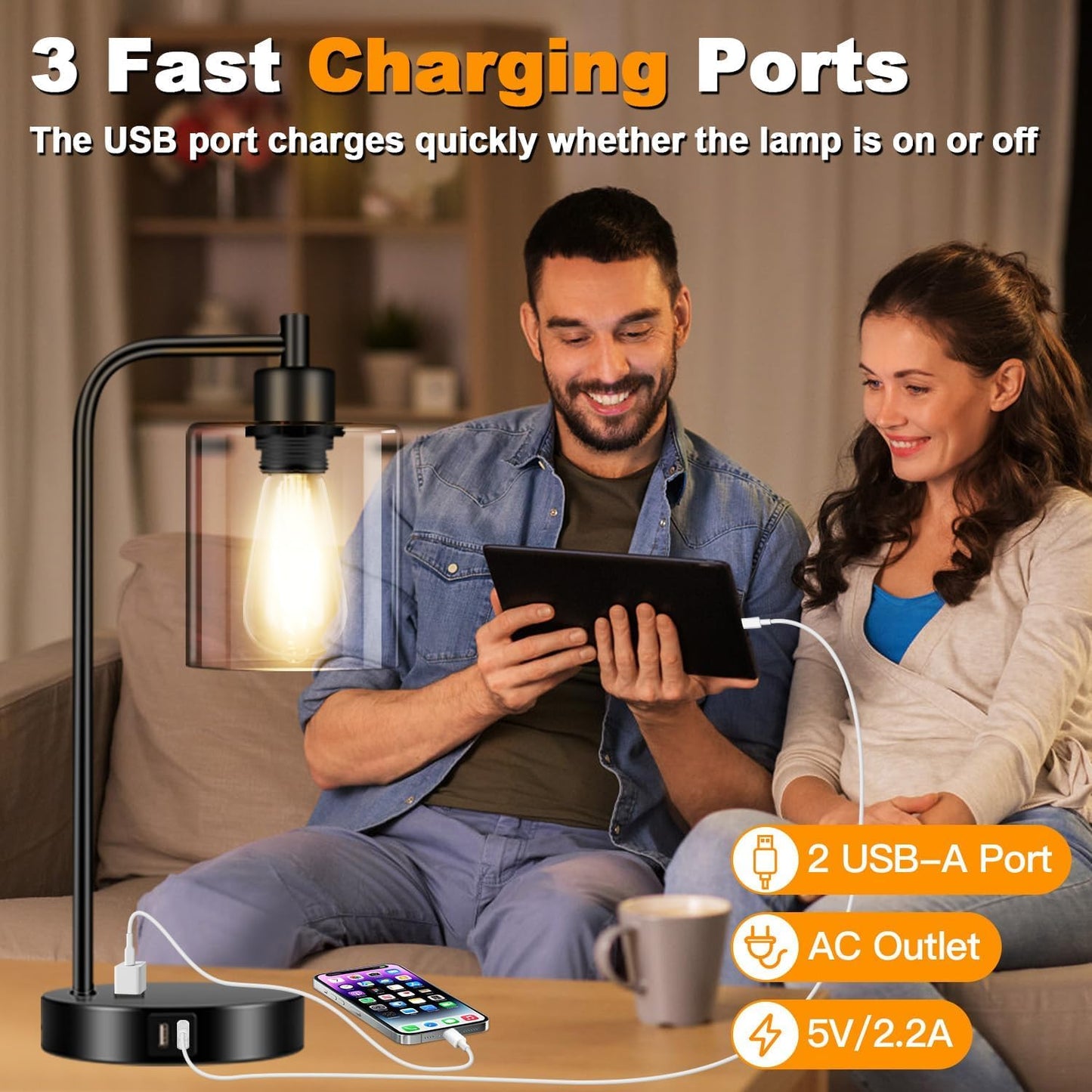 Set of 2 Industrial Touch Control Table Lamps with 2 USB Ports and AC Outlet - 3-Way Dimmable Black Bedside Lamps Nightstand Desk Lamps for Bedroom Living Room, Glass Shade & 2 LED Bulbs Included