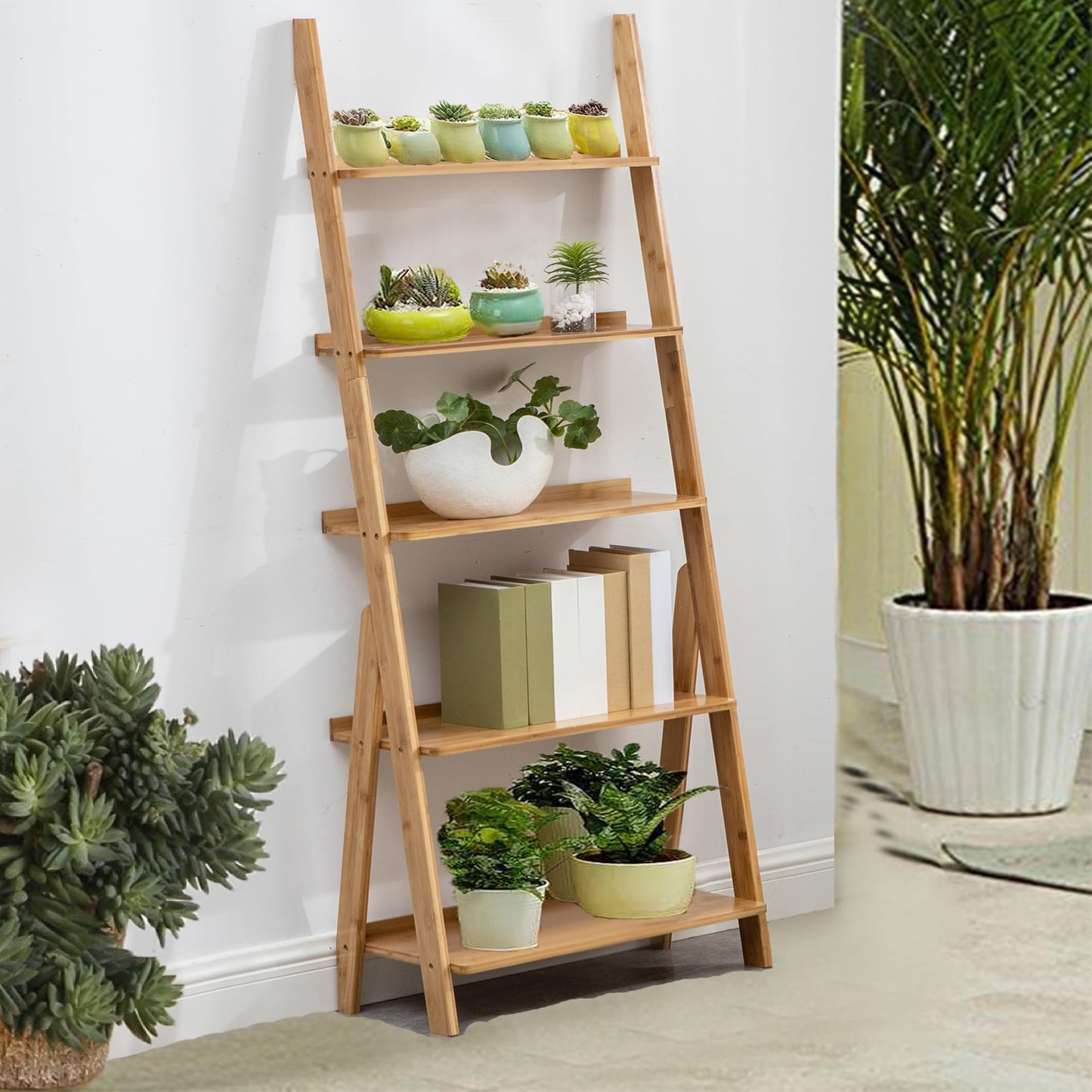 Maydear Bamboo Ladder Shelf Bookcase, 5-Tier Leaning Bookshelf Free Standing Organizer Storage Shelves for Living Room, Bedroom, Kitchen, Home Office, Balcony, Natural Wood