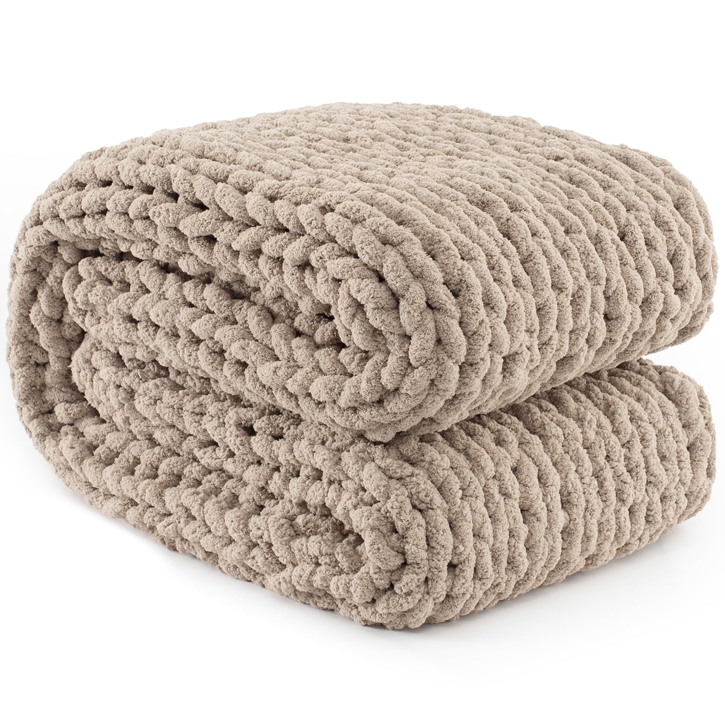 Carriediosa Chunky Knit Throw Blanket 50" X 60", 100% Hand Made Large Chenille Loop Yarn Soft Fluffy Throws for Couch Sofa Bed, Big Crochet Cozy Heavy Thick Cable Woven Blanket, Taupe