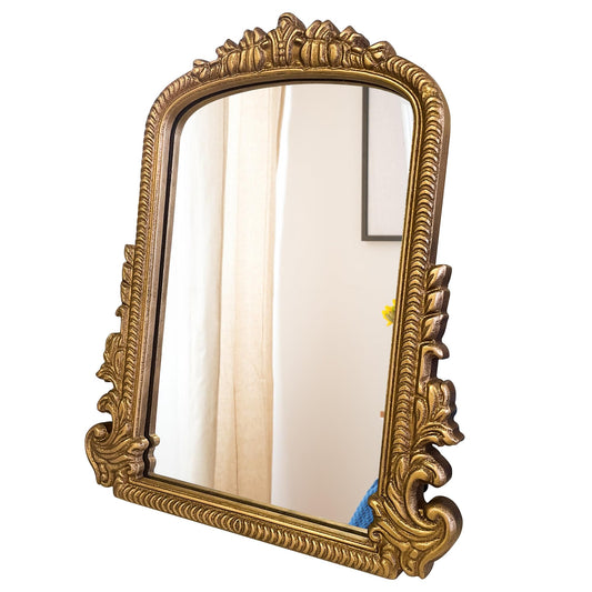 Vintage Vanity Makeup Mirror, Gold Arched Tabletop Mirror for Makeup and Room Decor, Antique Decorative Standing Mirror with Carved Frame, Desk Mirror for Bedroom, Living Room, Dresser 11.8"x9.6"