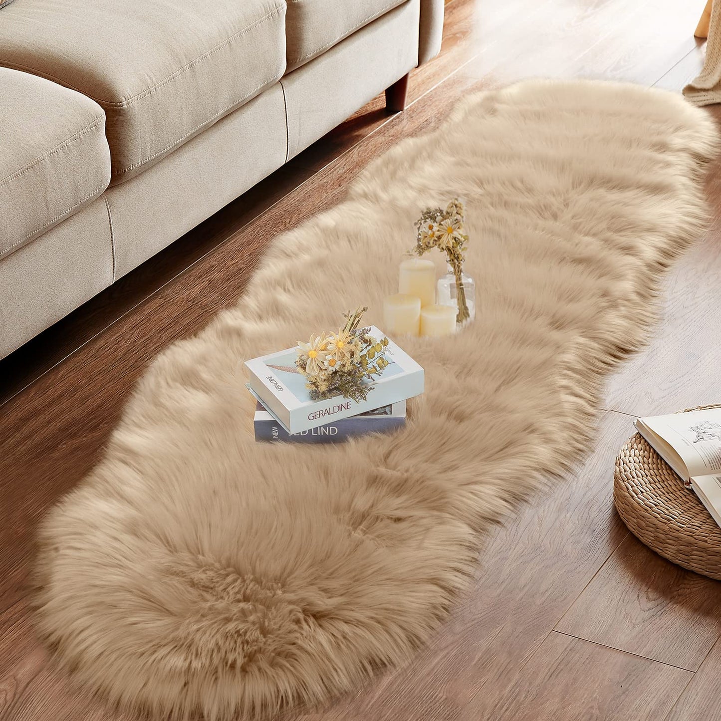 Ciicool Ultra Soft Faux Sheepskin Fur Rug Fluffy Rug for Bedroom Fuzzy Carpet for Living Room Kid's Room Nursery Decor, Beige 2 x 6 Feet