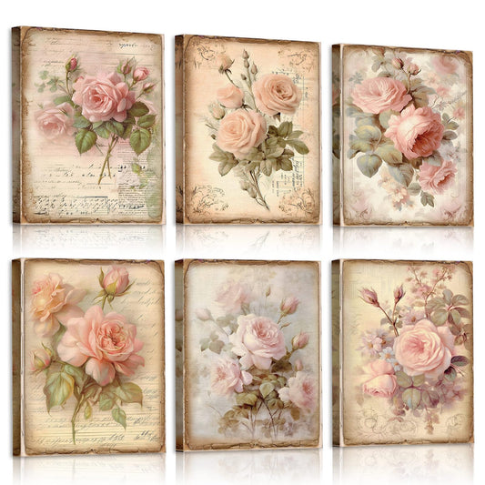 Vercraft 6 Pcs Framed Vintage Flowers Canvas Wall Art Pink Rose Wall Decor Retro Floral Pictures Farmhouses Decor for Home Office Bedroom Plant Printing Painting, 8 x 10 Inch