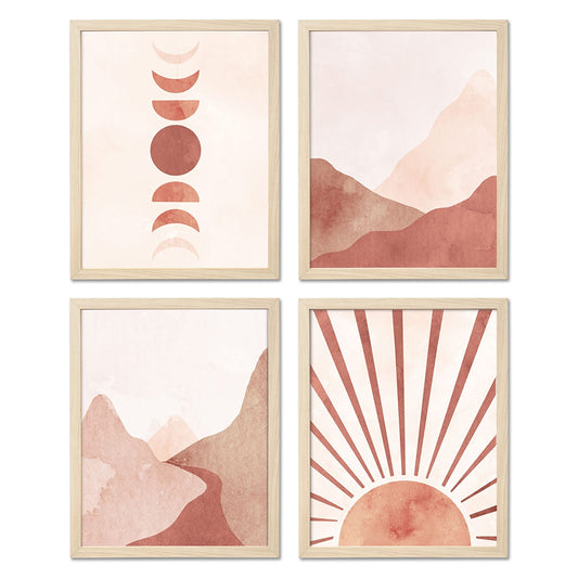 ArtbyHannah 4-Pack 11x14 Framed Boho Wall Art In Decorative Warm Tone with Mid Century Prints of Sun Moon Mountain and MDF Wood Frames