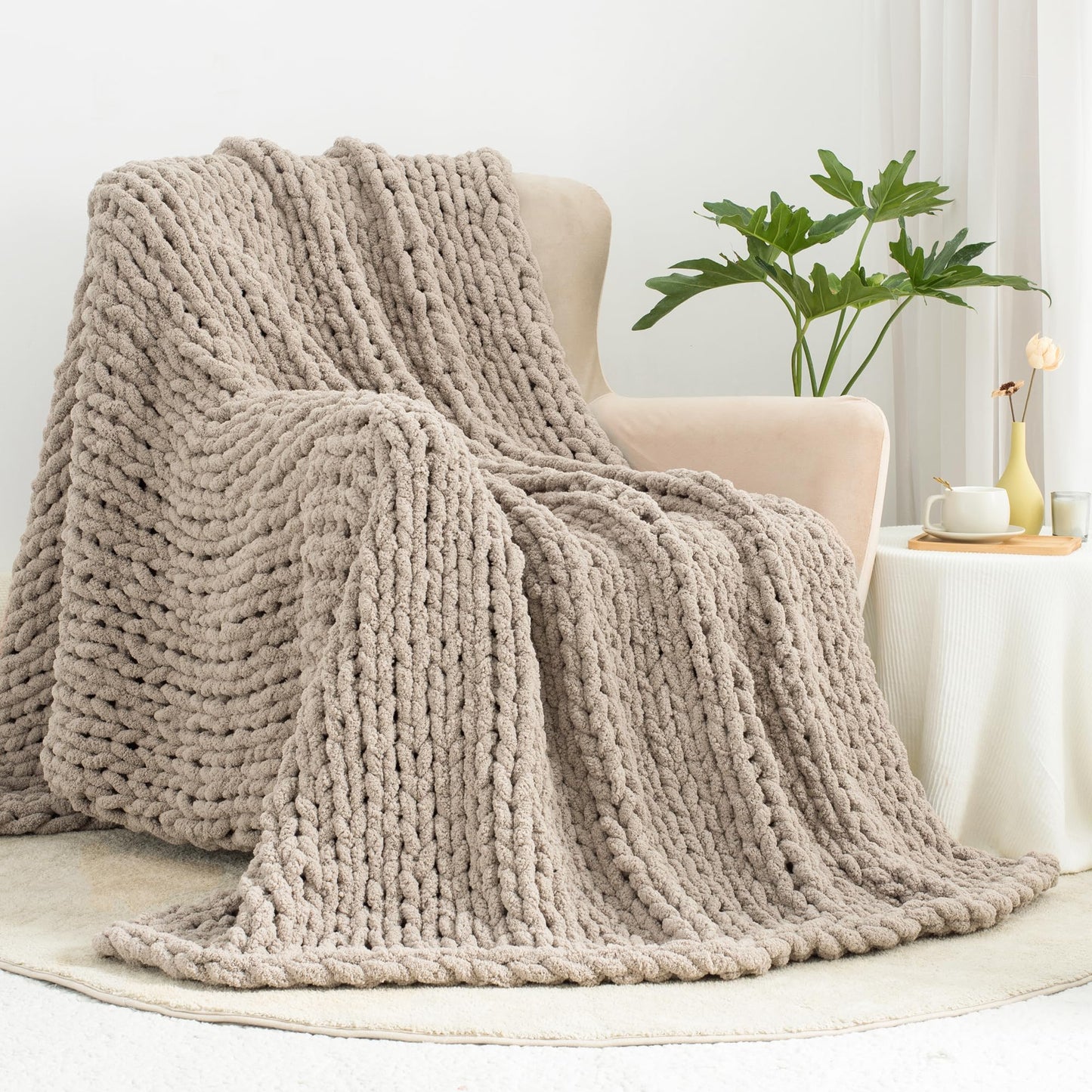 Carriediosa Chunky Knit Throw Blanket 50" X 60", 100% Hand Made Large Chenille Loop Yarn Soft Fluffy Throws for Couch Sofa Bed, Big Crochet Cozy Heavy Thick Cable Woven Blanket, Taupe