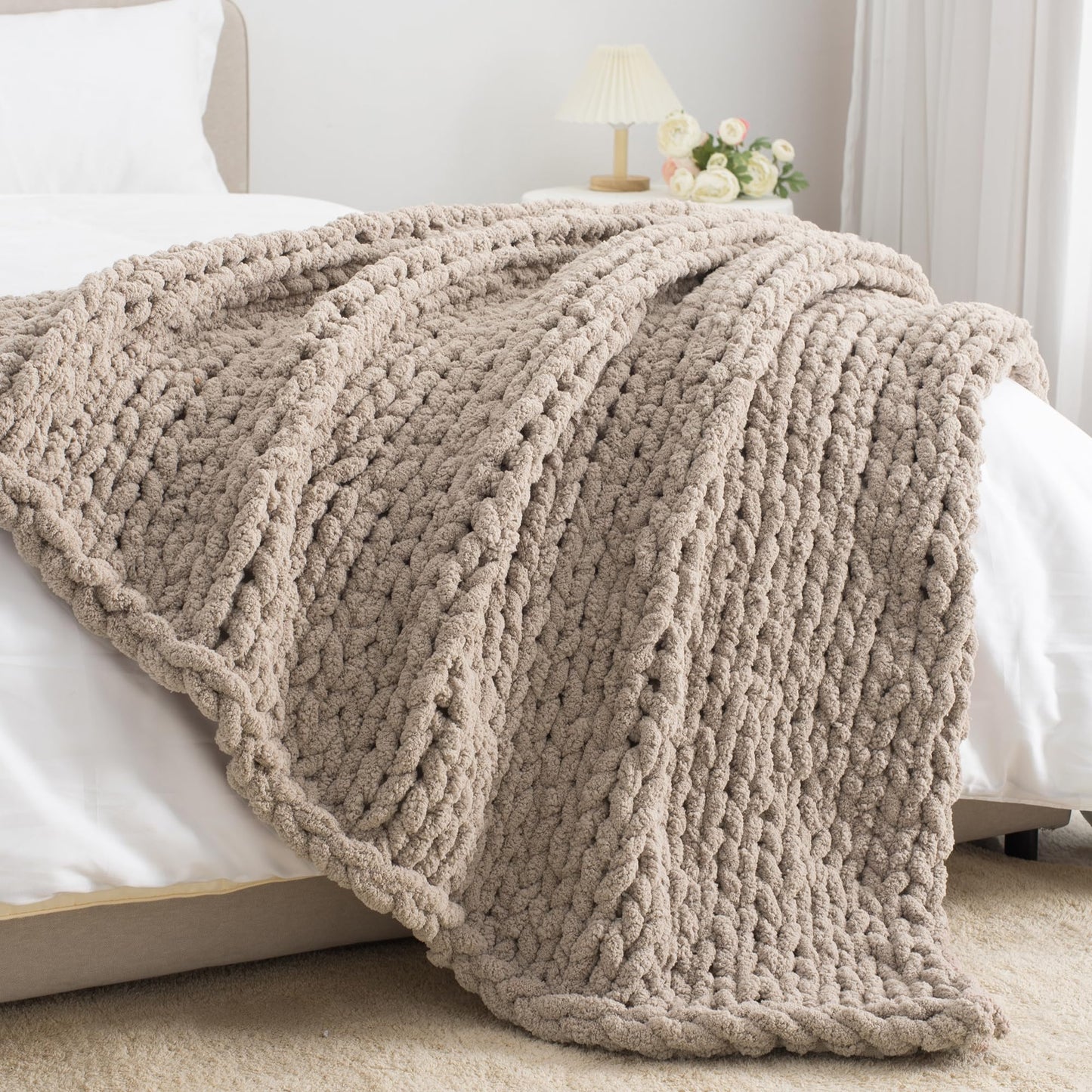 Carriediosa Chunky Knit Throw Blanket 50" X 60", 100% Hand Made Large Chenille Loop Yarn Soft Fluffy Throws for Couch Sofa Bed, Big Crochet Cozy Heavy Thick Cable Woven Blanket, Taupe