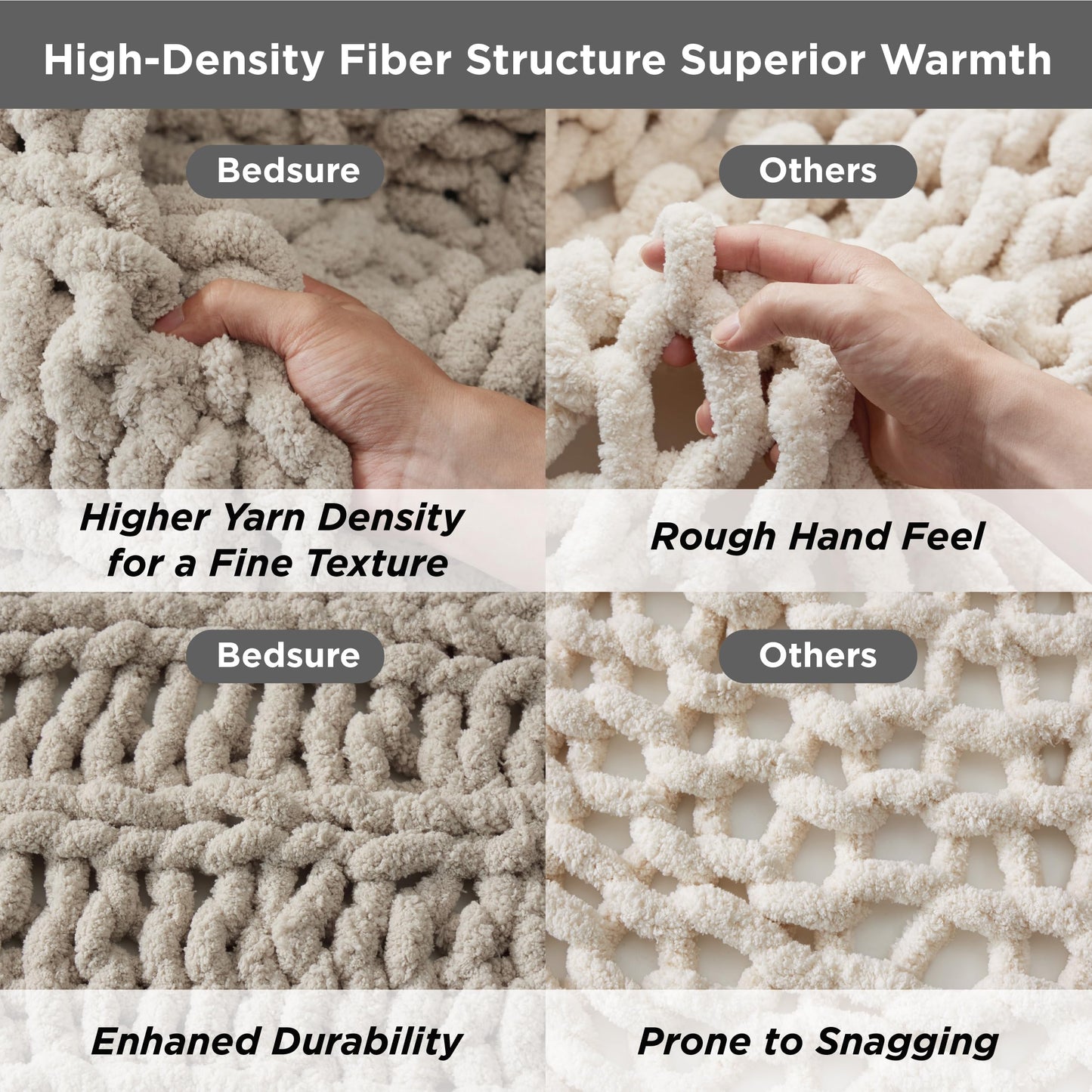 Bedsure Chunky Knit Throw Blanket for Couch - 100% Hand Knitted, 5.06 lbs Chenille Blanket for Bed Living Room Home Decor, Thick and Soft, Linen Beige, 50x61 Inches