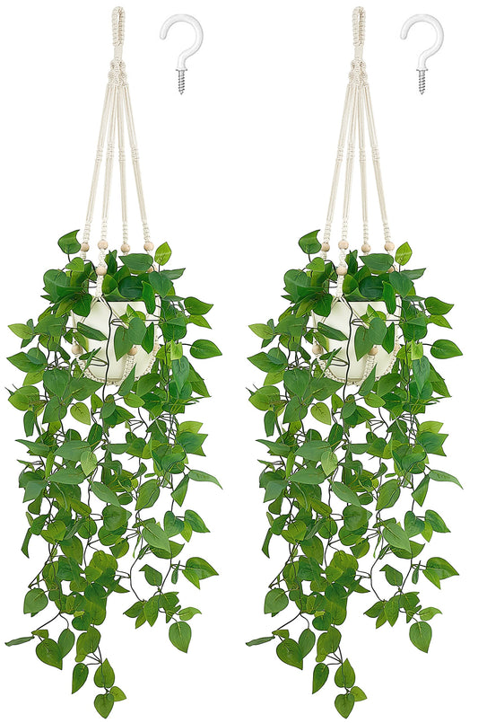 Mkono 2 Packs Fake Hanging Plant with Pot, Artificial Plants Macrame Plant Hanger Fake Vine Greenery for Bedroom Bathroom Home Office Decor