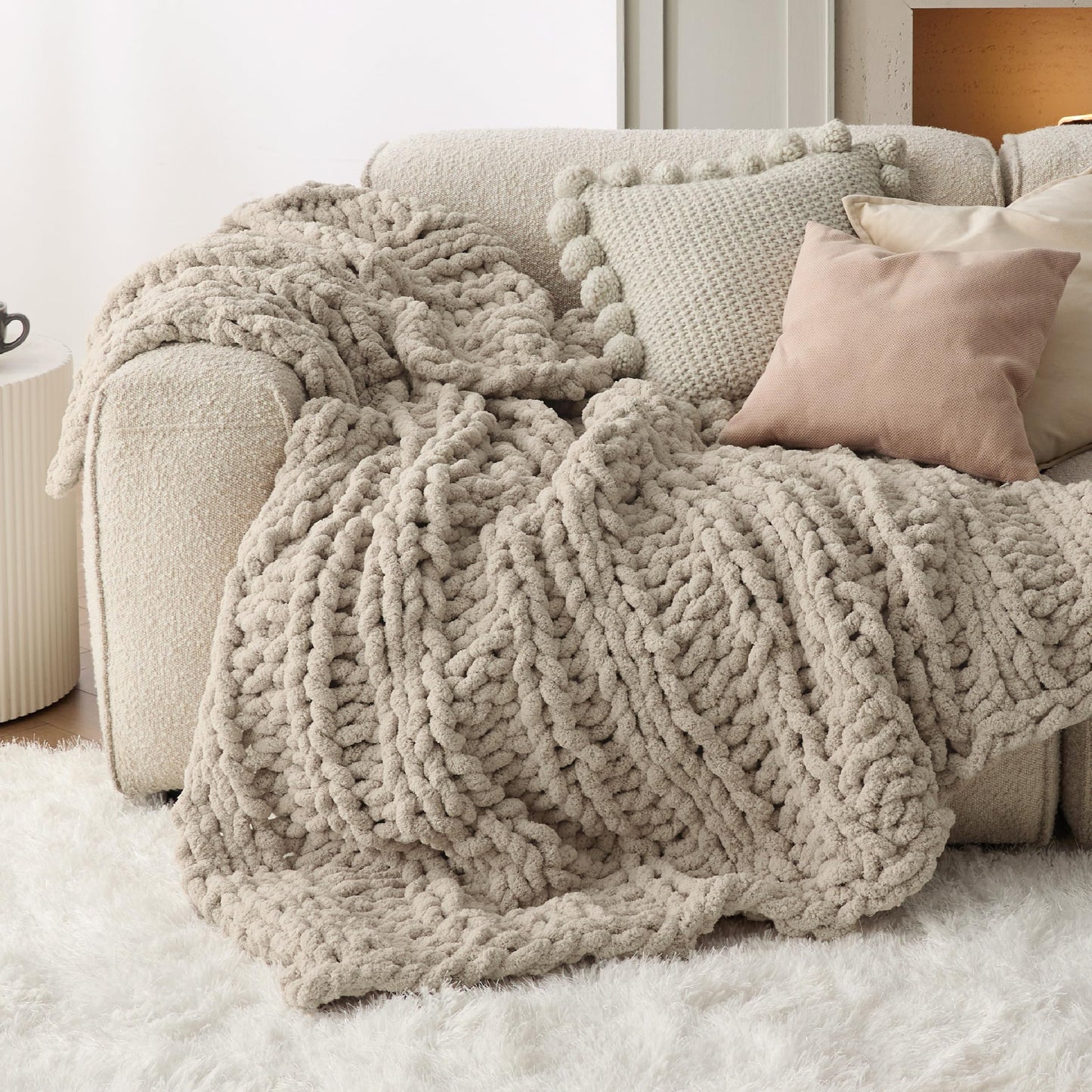 Bedsure Chunky Knit Throw Blanket for Couch - 100% Hand Knitted, 5.06 lbs Chenille Blanket for Bed Living Room Home Decor, Thick and Soft, Linen Beige, 50x61 Inches