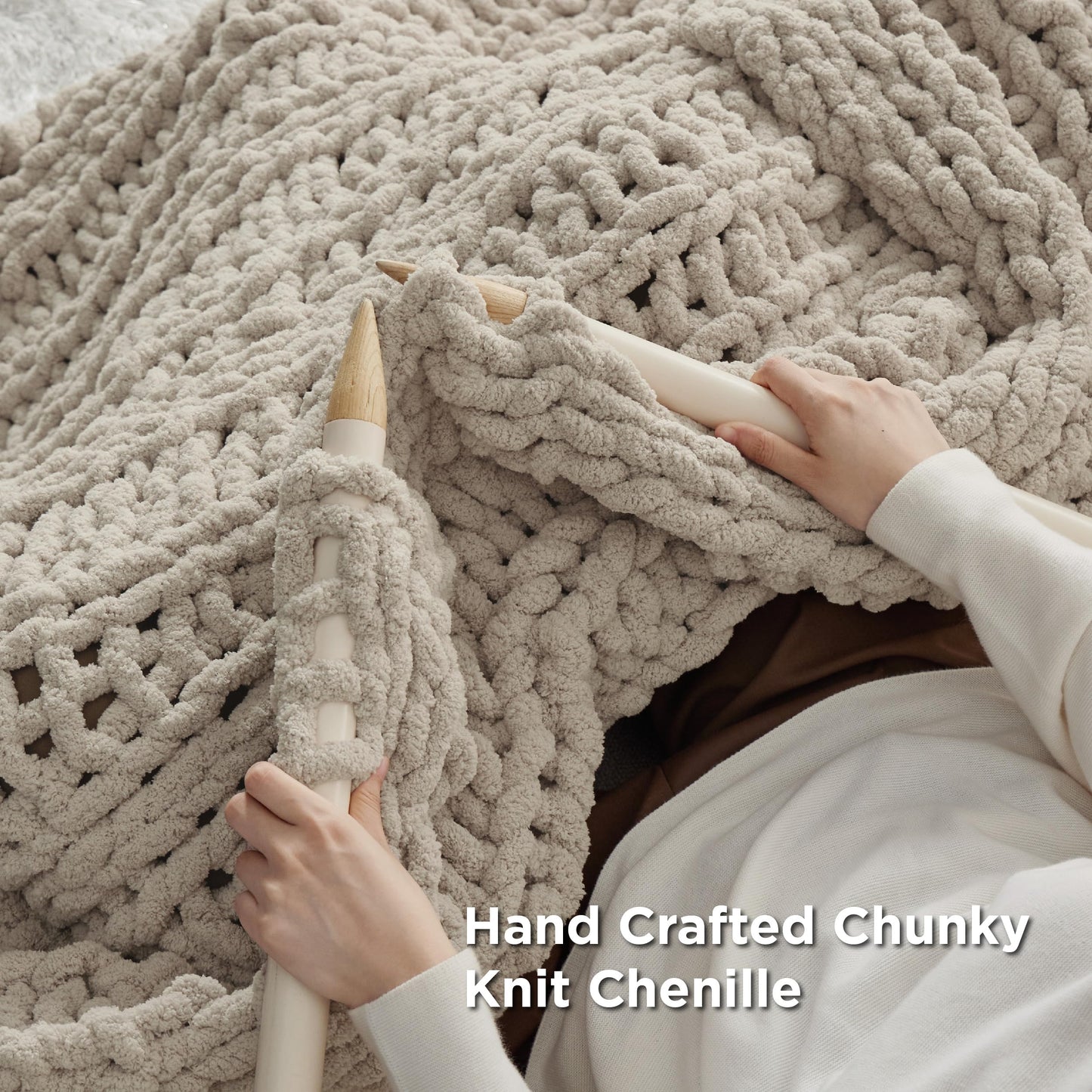 Bedsure Chunky Knit Throw Blanket for Couch - 100% Hand Knitted, 5.06 lbs Chenille Blanket for Bed Living Room Home Decor, Thick and Soft, Linen Beige, 50x61 Inches