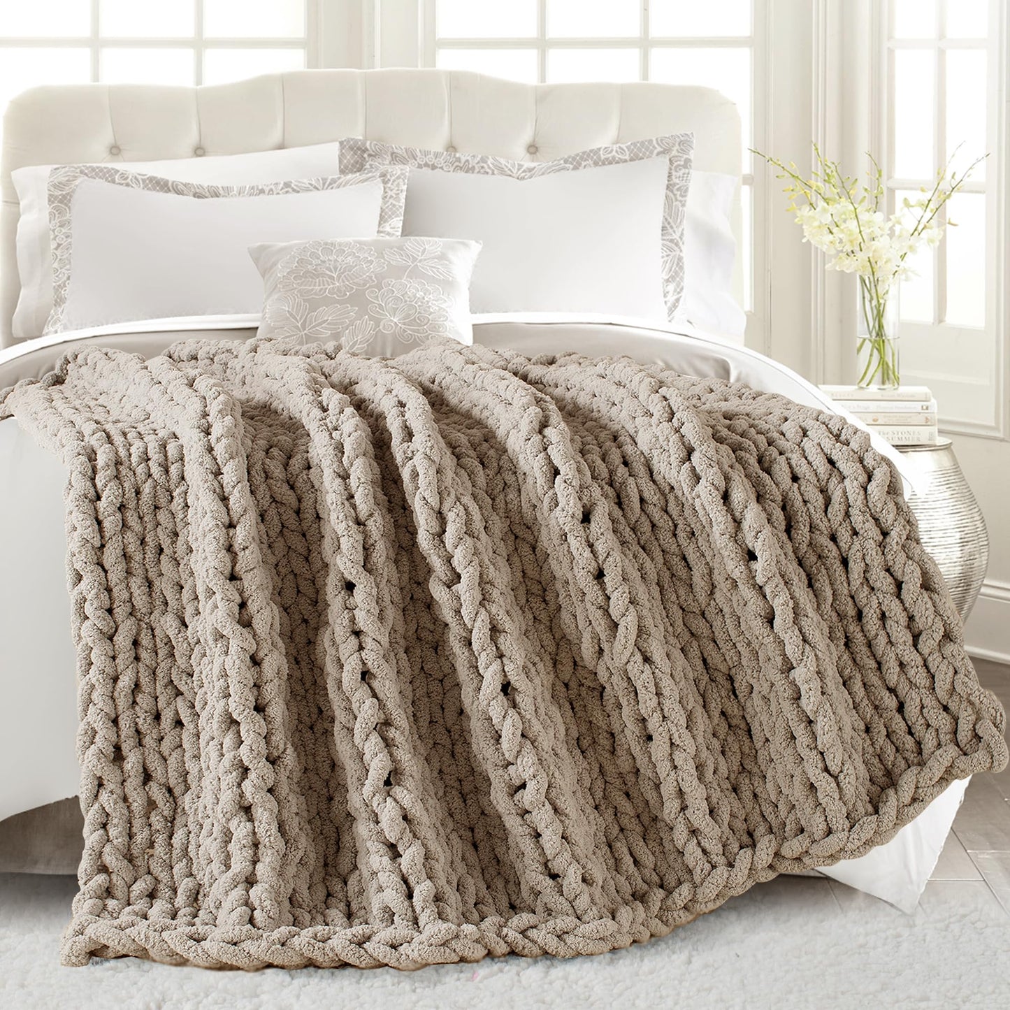 Carriediosa Chunky Knit Throw Blanket 50" X 60", 100% Hand Made Large Chenille Loop Yarn Soft Fluffy Throws for Couch Sofa Bed, Big Crochet Cozy Heavy Thick Cable Woven Blanket, Taupe