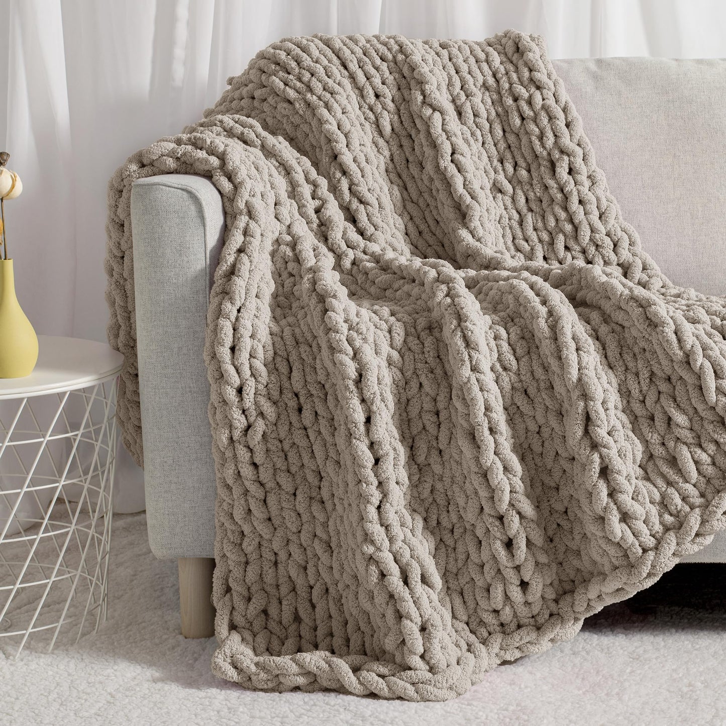 Carriediosa Chunky Knit Throw Blanket 50" X 60", 100% Hand Made Large Chenille Loop Yarn Soft Fluffy Throws for Couch Sofa Bed, Big Crochet Cozy Heavy Thick Cable Woven Blanket, Taupe