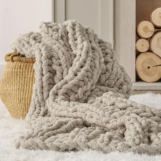 Bedsure Chunky Knit Throw Blanket for Couch - 100% Hand Knitted, 5.06 lbs Chenille Blanket for Bed Living Room Home Decor, Thick and Soft, Linen Beige, 50x61 Inches